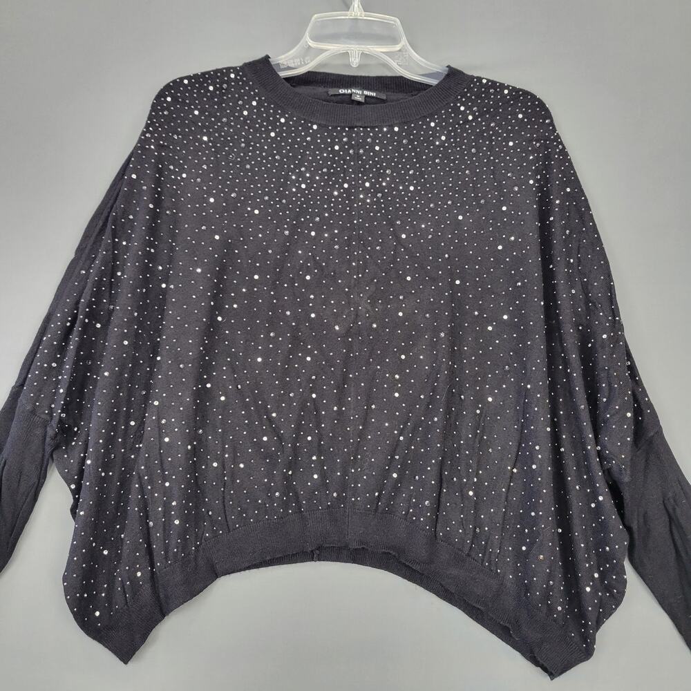 Gianni Bini Black Crop Shirt Knit Studded Long Sleeves Round Neck Women's Size M